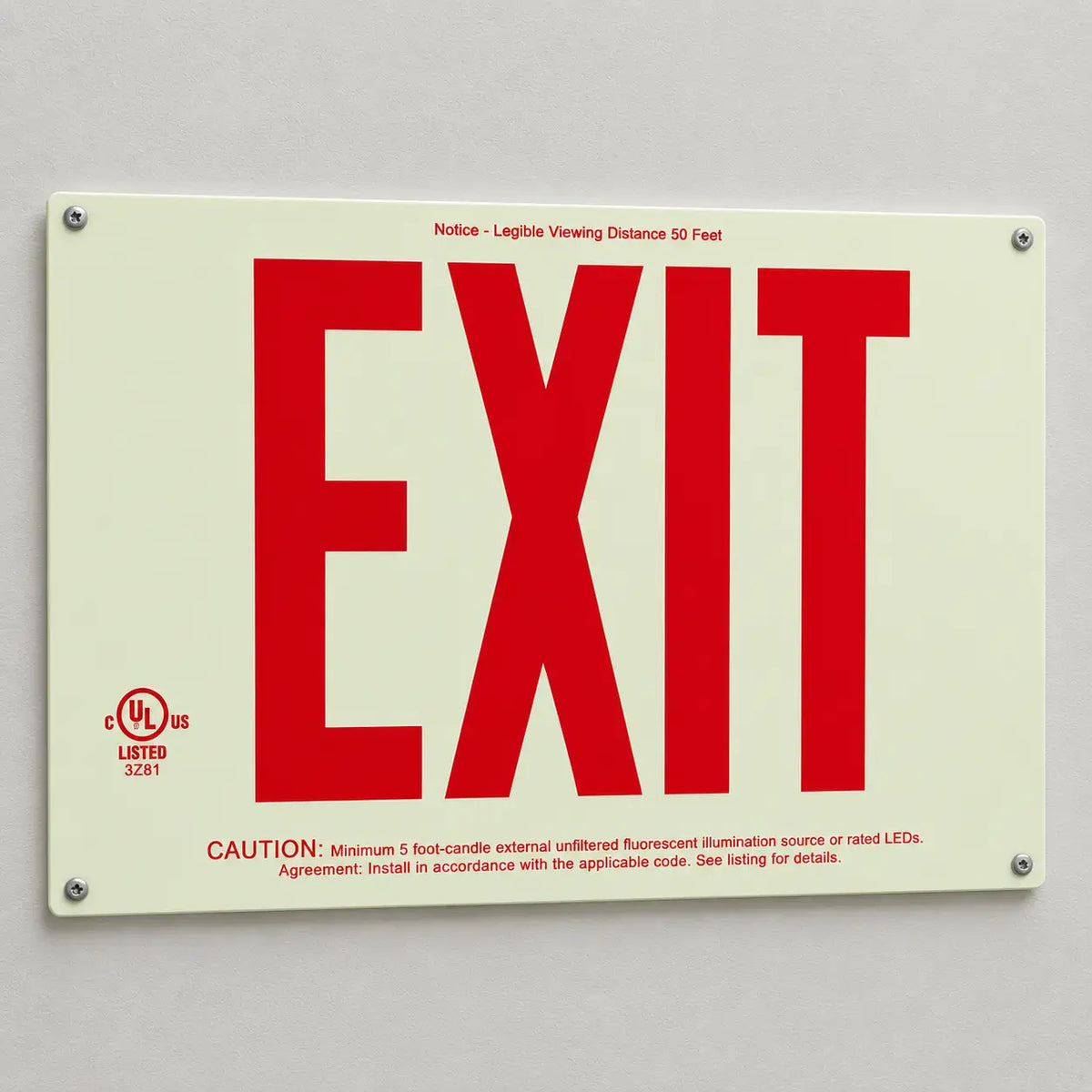 Wireless Non Electric Photoluminscent Exit Sign with 8" Red Letters - New York City, wall mounted view