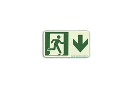 Directional Sign (Down) Green Letters on Photoluminescent Background Indicates direction of travel f