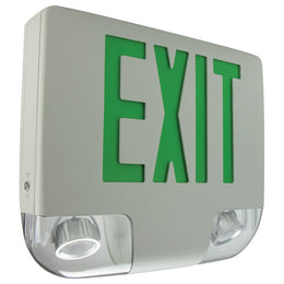 White Aluminum Green LED Combination Exit Sign with Emergency Lights - Double Face