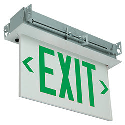 Recessed Ceiling Edge Lit Exit Sign White Trim Plate Green Letters - made in USA 